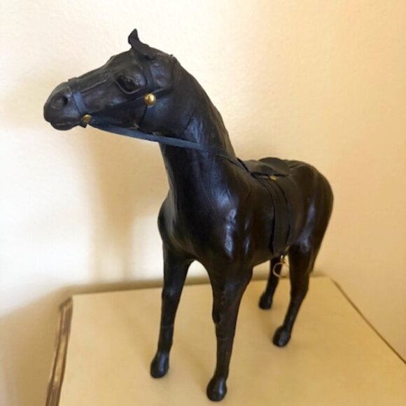 Handcrafted Leather Horse Statue with Brass Appointments